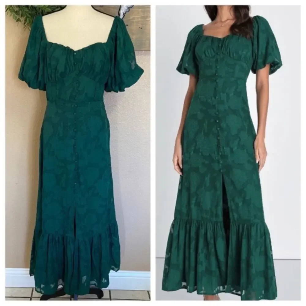 NWOT Lulus Everlasting Charm Emerald Green Floral Jacquard Midi Dress_2